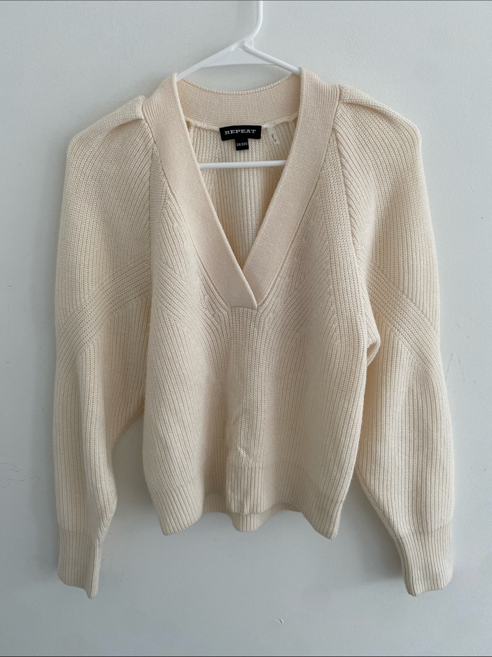 Repeat Merino Wool Ribbed V Neck Sweater w Structural Shoulder Cream XXS